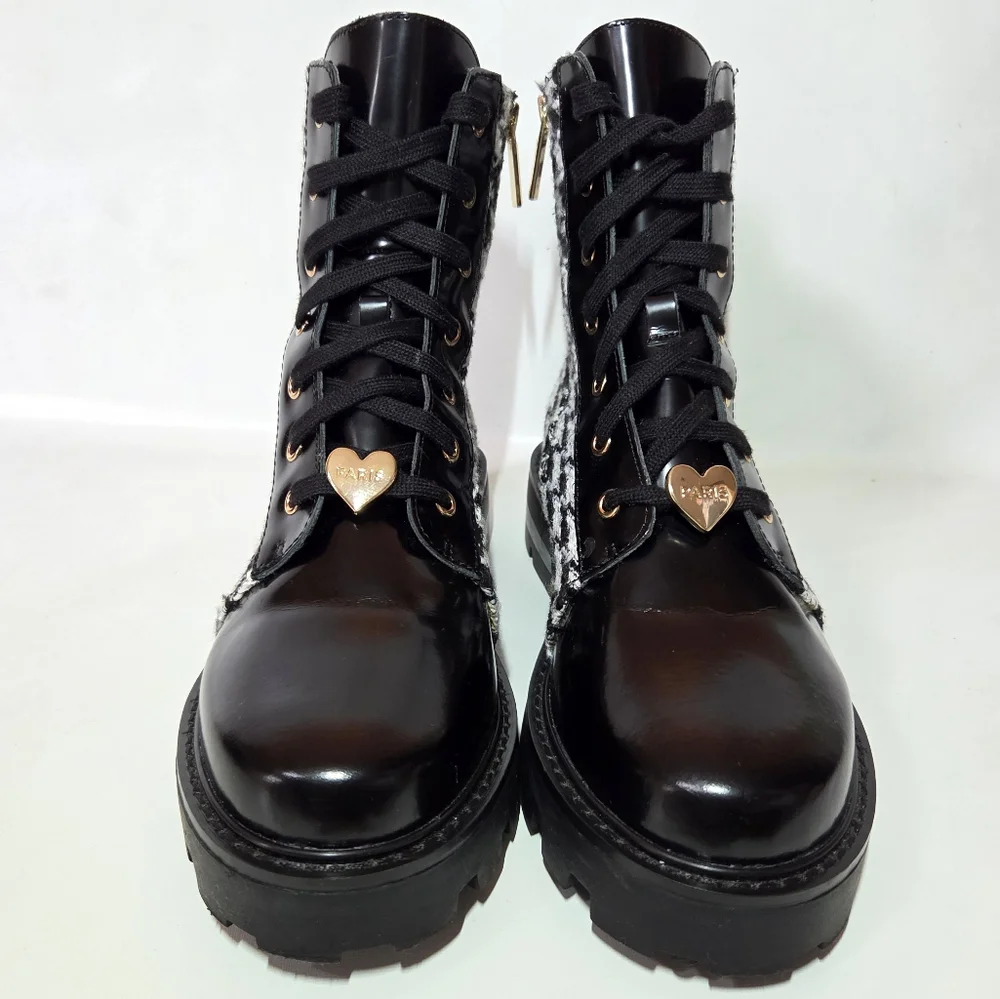 Karl Lagerfeld Paris Mela Everyday Patent Leather Houndstooth Combat Boot 7.5 - Picture 7 of 15